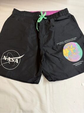 Black Graphic Swim Shorts with Color Pop Drawstring